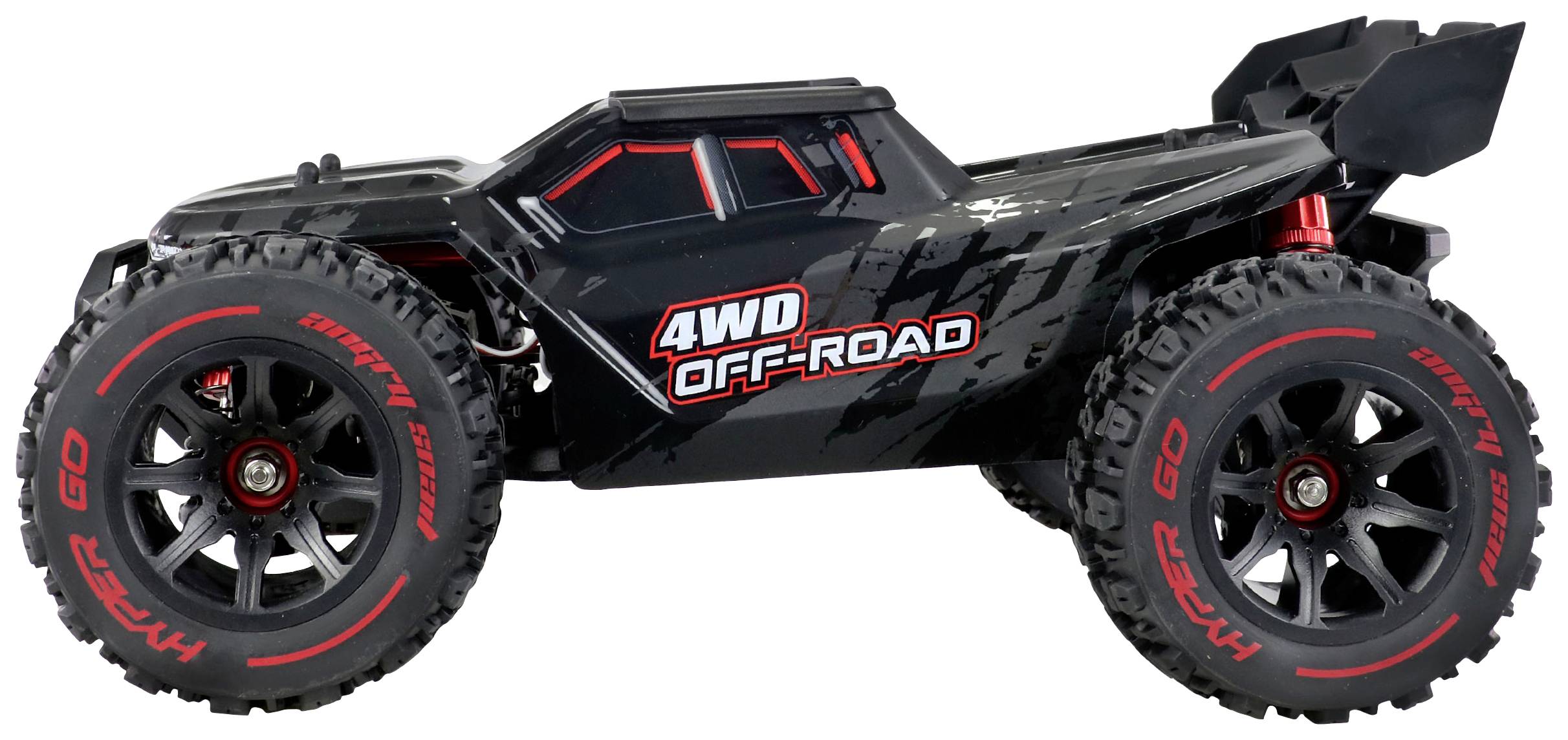 Daljinski upravljani crni offroad automobil s crvenim akcentima i natpisom '4WD OFF-ROAD' sa strane, na grubim gumama.