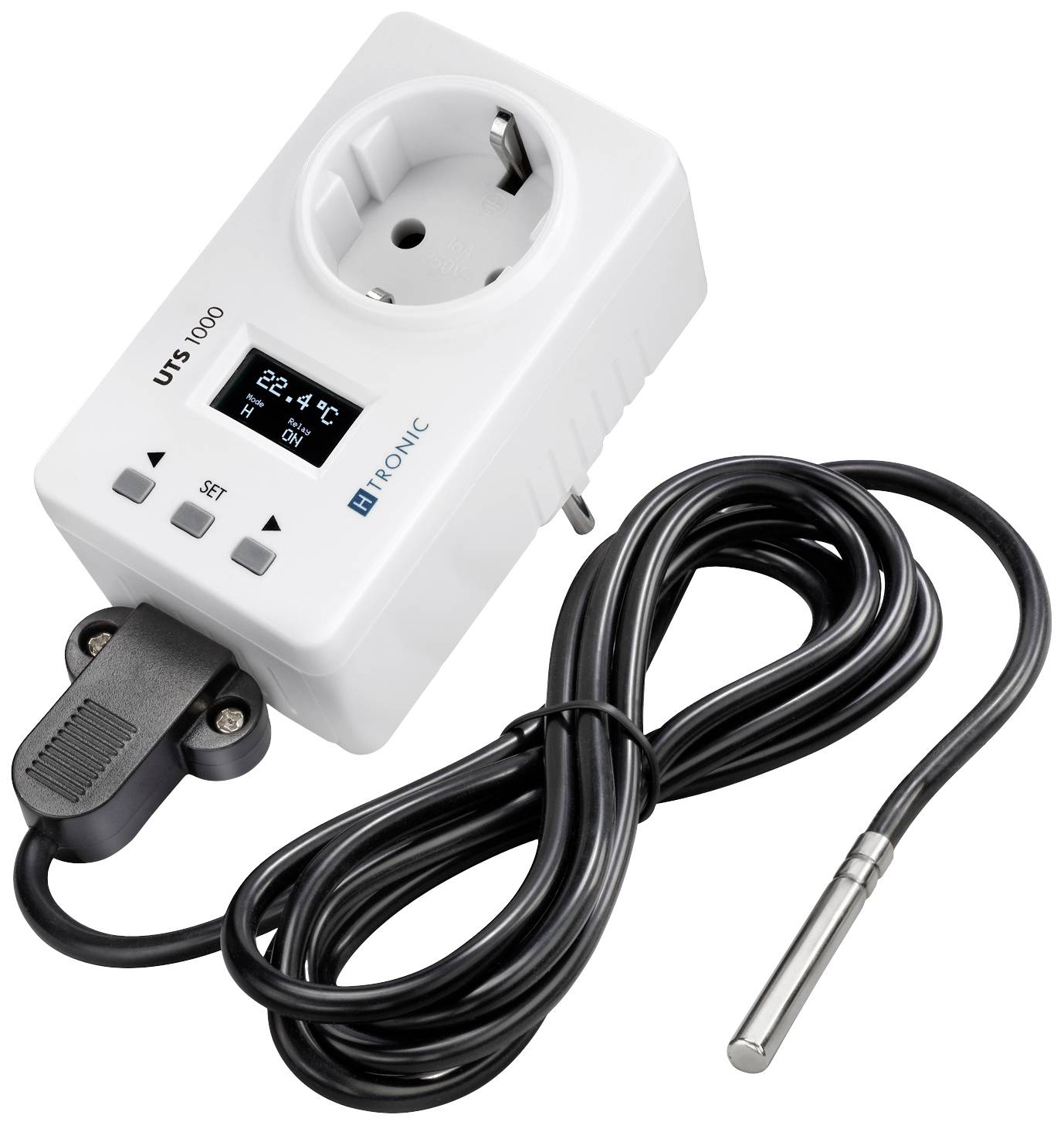 Bijeli digitalni termostat za utičnicu sa senzorom; prikazuje '22,4°C' na zaslonu, pogodan za regulaciju temperature u unutarnjem prostoru.