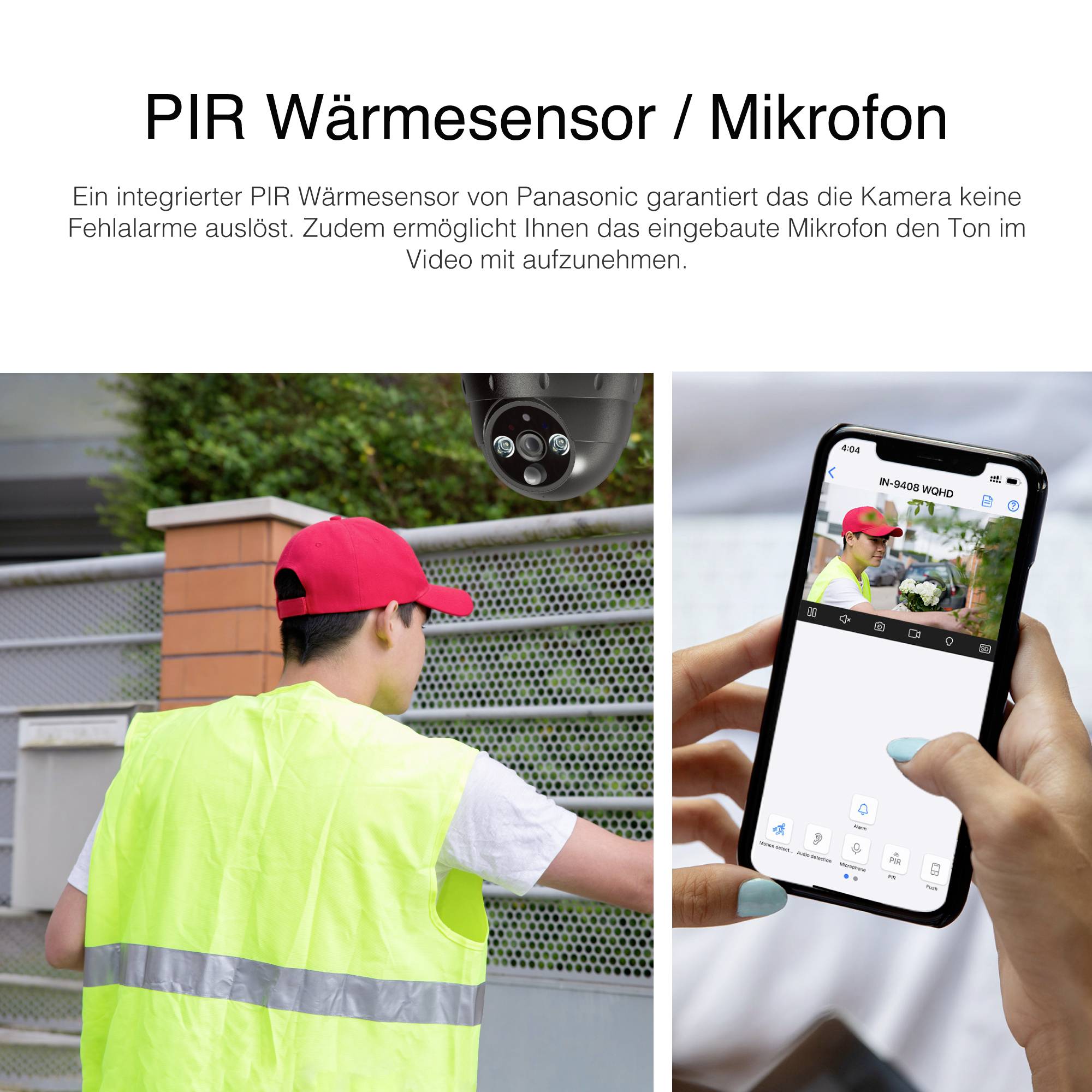 'PIR termo senzor / Mikrofon' prikazuje sliku pametnog telefona sa sigurnosnom kamerom i muškarcem koji nosi crvenu kapu i prsluk.