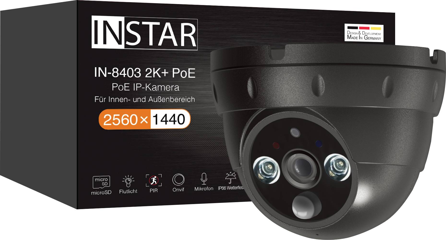 INSTAR IN-8403 2K+ PoE IP-kamera, pogodna za unutarnju i vanjsku upotrebu, rezolucije 2560 x 1440, prikazana na ambalaži proizvoda.