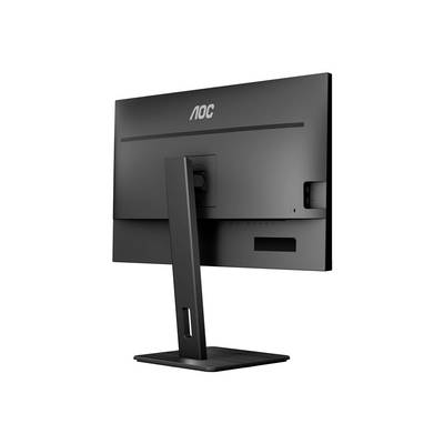 Crni AOC monitor sa stražnje strane, prikazuje stalak i priključke, na bijeloj pozadini.