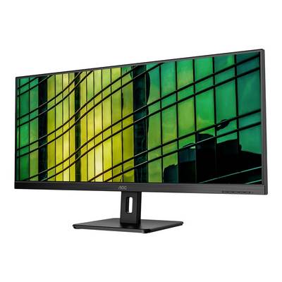 Plosnati monitor koji prikazuje iskrivljenu sliku modernog objekta sa zelenim i žutim staklenim prozorima.