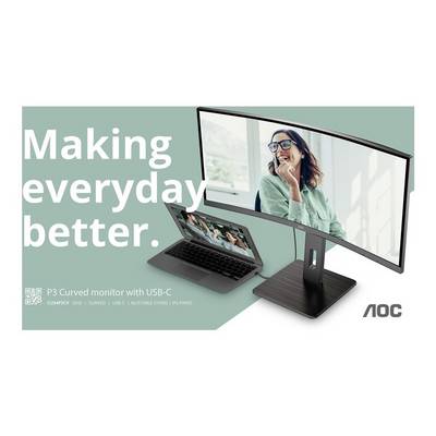 Zakrivljeni monitor prikazuje smiješeću se ženu. Pored njega laptop, oba s natpisom 'Making everyday better.' i AOC logotipom.