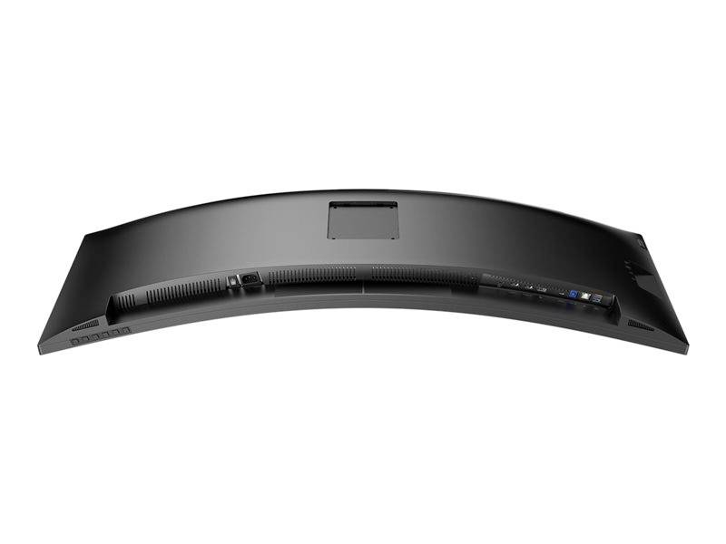 Zakrivljeni računalni monitor snimljen straga, prikazuje priključke i ventilacijske otvore.