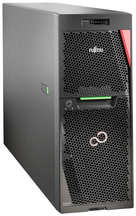 Crni Fujitsu server s ventilacijskom rešetkom i crvenim naglaskom. Stoji uspravno i prikazuje prednju stranu.