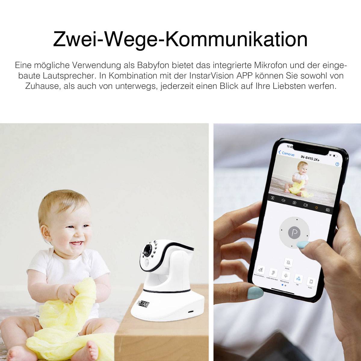 Beba s plišanom igračkom pokraj nadzorne kamere. Pametni telefon prikazuje sliku s kamere i kontrolne elemente. Tema: nadzor i komunikacija.