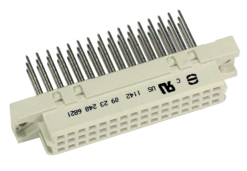 Bijeli utikač s nekoliko metalnih pinova, pogodan za elektroničke spojeve. Oznake su vidljive sa strane.