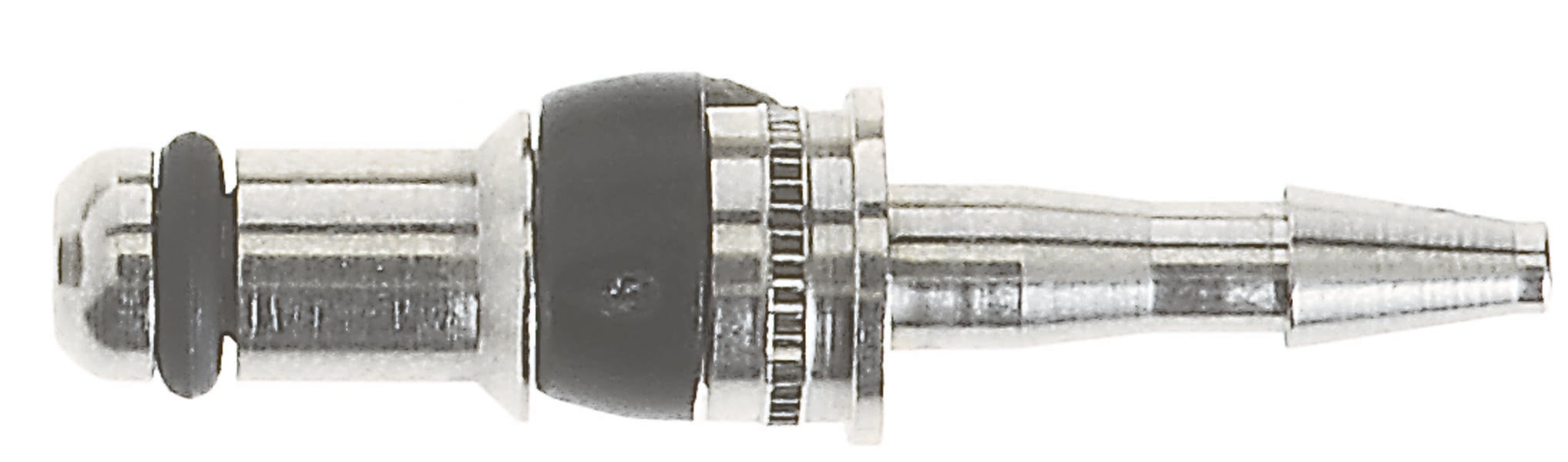 Metalni čep za adapter ventila automobilske gume, pogodan za napuhavanje guma, s gumiranim crnim prstenom u sredini.