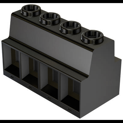 Crni LEGO kockica, pravokutnog oblika, s četiri okrugla čunka na vrhu i četiri rupe na dnu.