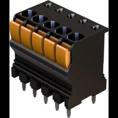 Crni električni priključak sa šest narančastih polužnih kopči, pogodan za upotrebu u elektroničkim sklopovima.