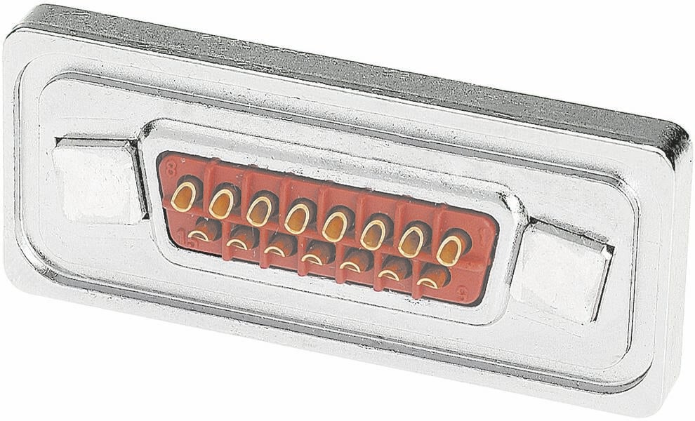 Metalni D-Sub utikač sa 13 zlatnih pinova i crvenim umetkom, korišten za povezivanje elektroničkih uređaja.