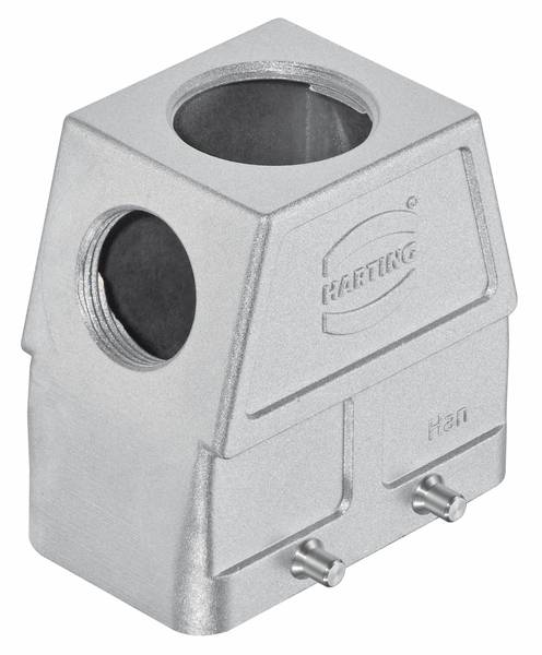 Metalno kućište za električne priključke, s kružnim otvorom na vrhu i sa strane. Marka 'Harting', model 'Han'.