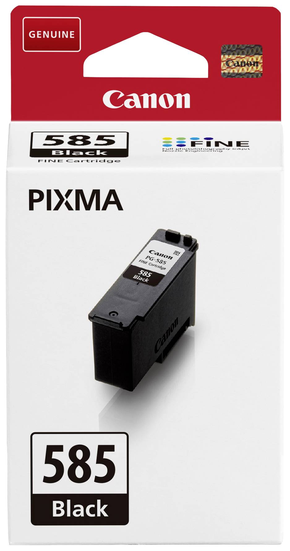 Crna tintna patrona Canon Pixma 585 prikazana u originalnom pakiranju. Ambalaža prikazuje Canon logo i broj boje.