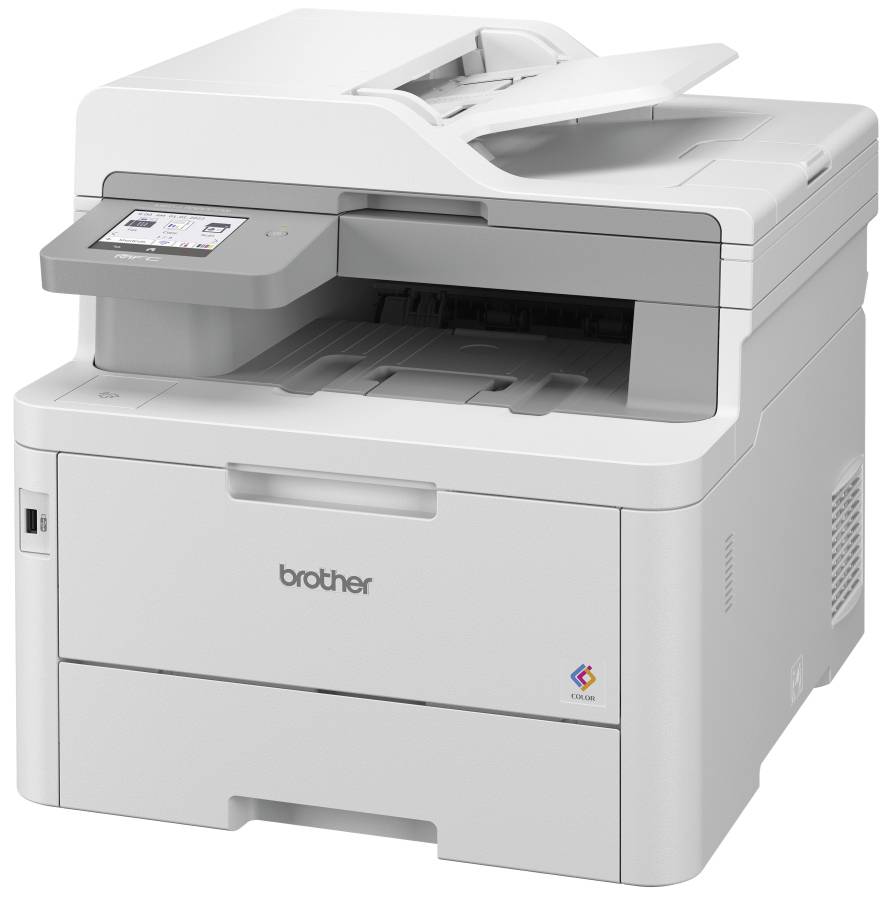 Bijeli višenamjenski printer s dodirnim zaslonom i ladicicom za papir. Naziv marke 'brother' vidljiv na prednjoj strani.
