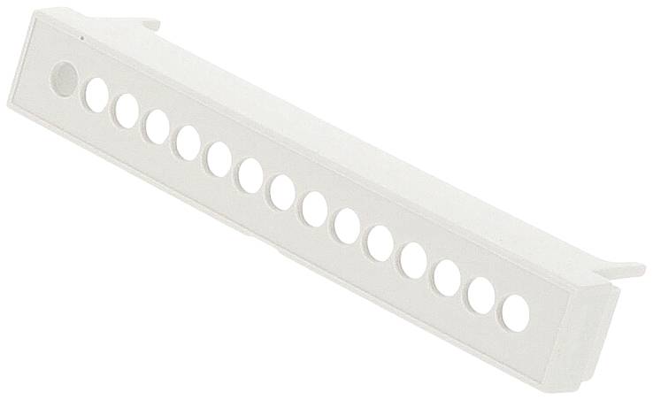 Bijeli, duguljasti plastični nosač s nekoliko kružnih otvora. Koristi se za organizaciju ili učvršćivanje kabela.