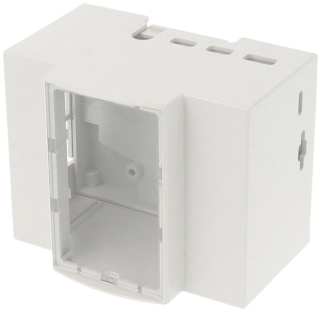 Prazno kućište od plastike, pravokutnog oblika, s otvorima na dvije strane, pogodno za ugradnju elektroničkih komponenti.