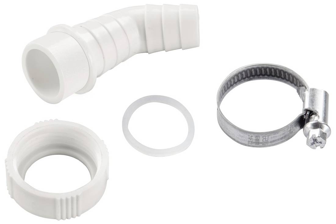 Bijeli plastični adapter za priključak vode s metalnom stezaljkom, brtvom i vijkom, sve prikazano na bijeloj pozadini.