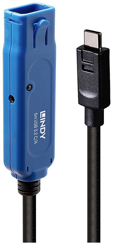 Plavo pravokutno uređenje s natpisom 'Lindy' povezano s crnim USB-C utikačem.