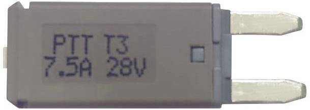 Smeđa ravna osigurač s natpisom 'PTT T3 7.5A 28V' prikazuje električne specifikacije.