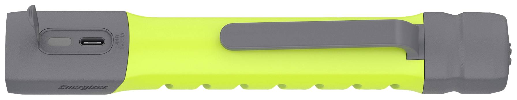Žuta baterijska lampa sa sivom ručkom i kukom, položena horizontalno. USB priključak sa strane. Energetski učinkovita i prenosiva.