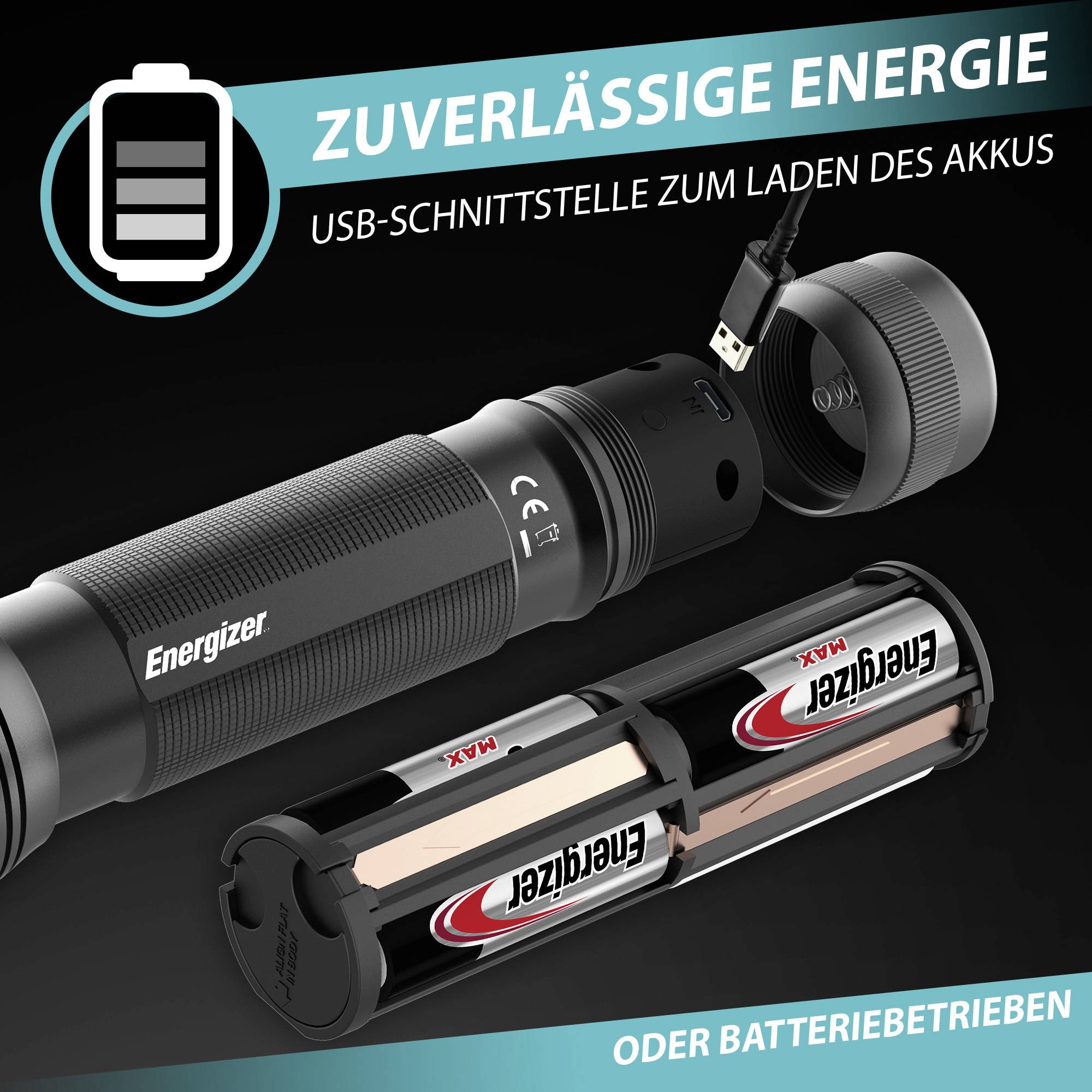 Crna baterijska LED svjetiljka Energizer-a s otvorenim USB-priključkom za punjenje, prikazuje unutarnje baterije. Tekst: 'Pouzdana energija'.
