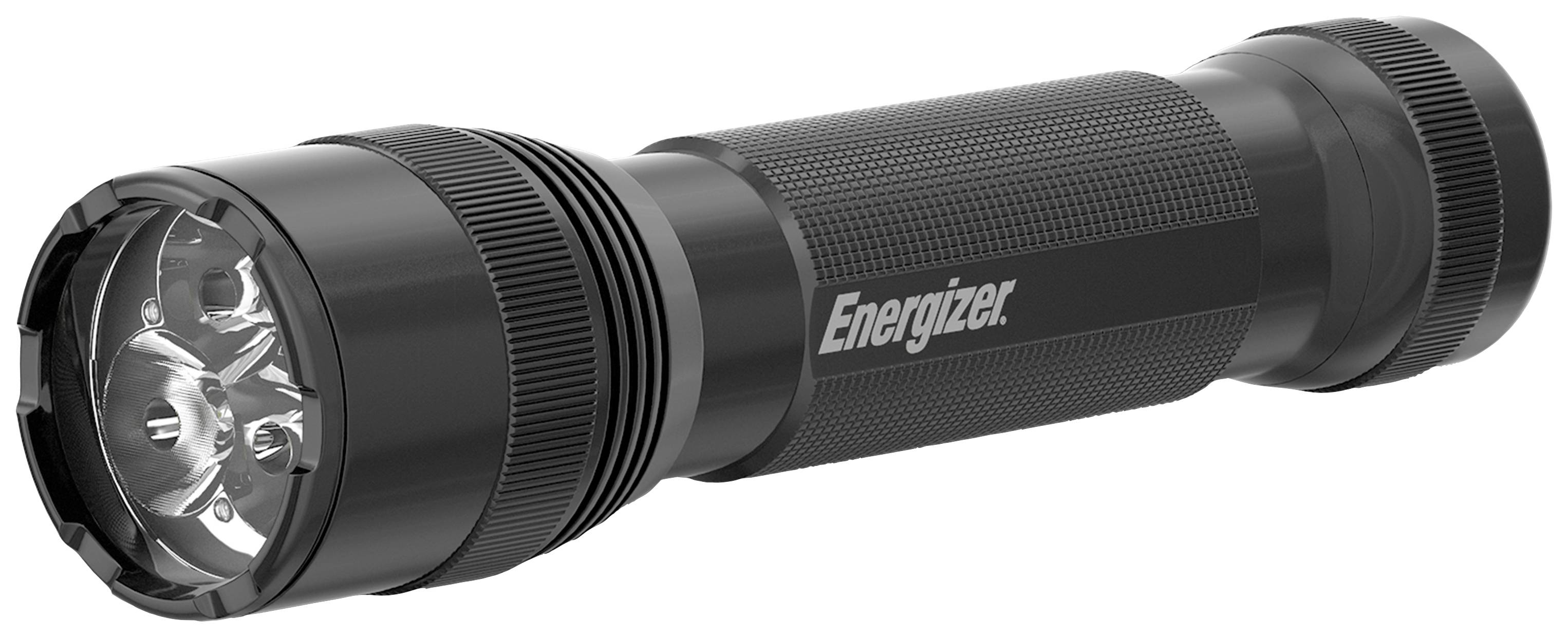 Crna baterijska lampa s natpisom 'Energizer' duž ručke. Ima nekoliko LED žarulja u glavi.