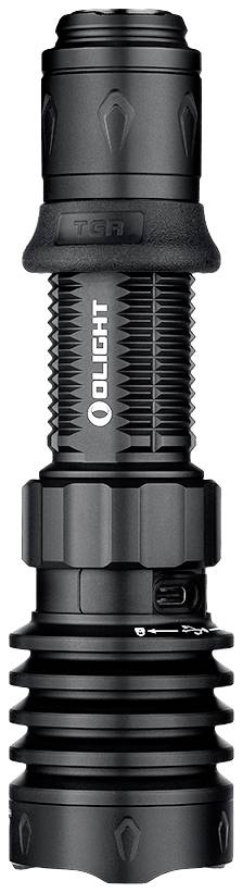 Crna baterijska lampa s rebrasto teksturiranom ručkom i logom 'Olight' na boku.