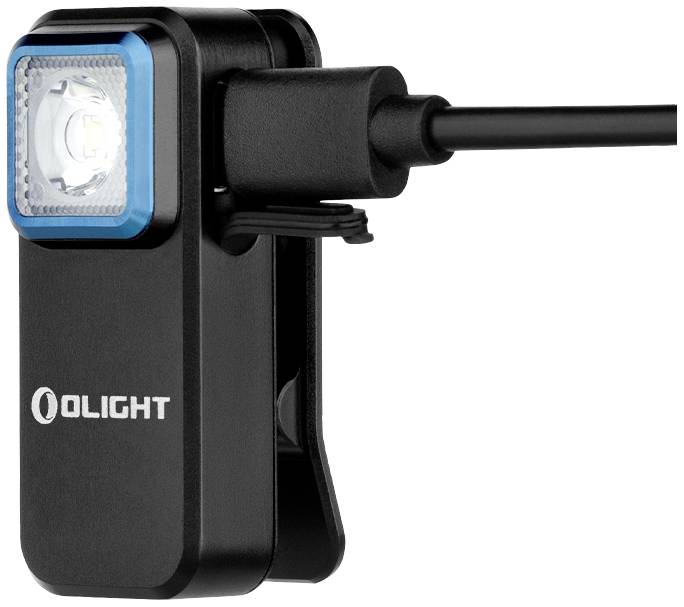 Prijenosna, crna LED lampa s kopčom i USB-kabelom za punjenje, pogodna za višenamjensku upotrebu.