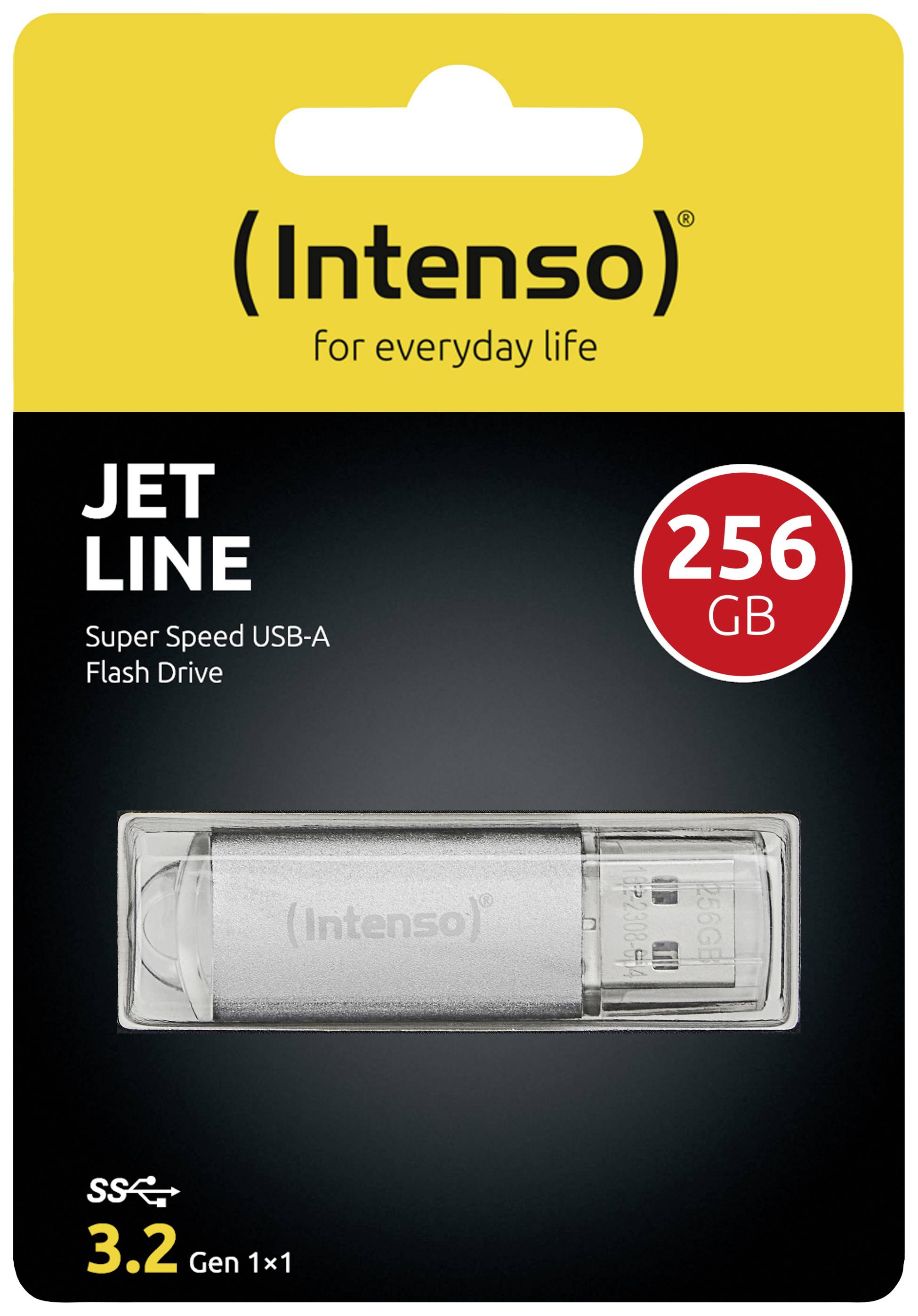 USB stick 'Intenso Jet Line' kapaciteta 256 GB, pogodan za Super Speed USB-A, na crnoj i žutoj pozadini pakiranja.