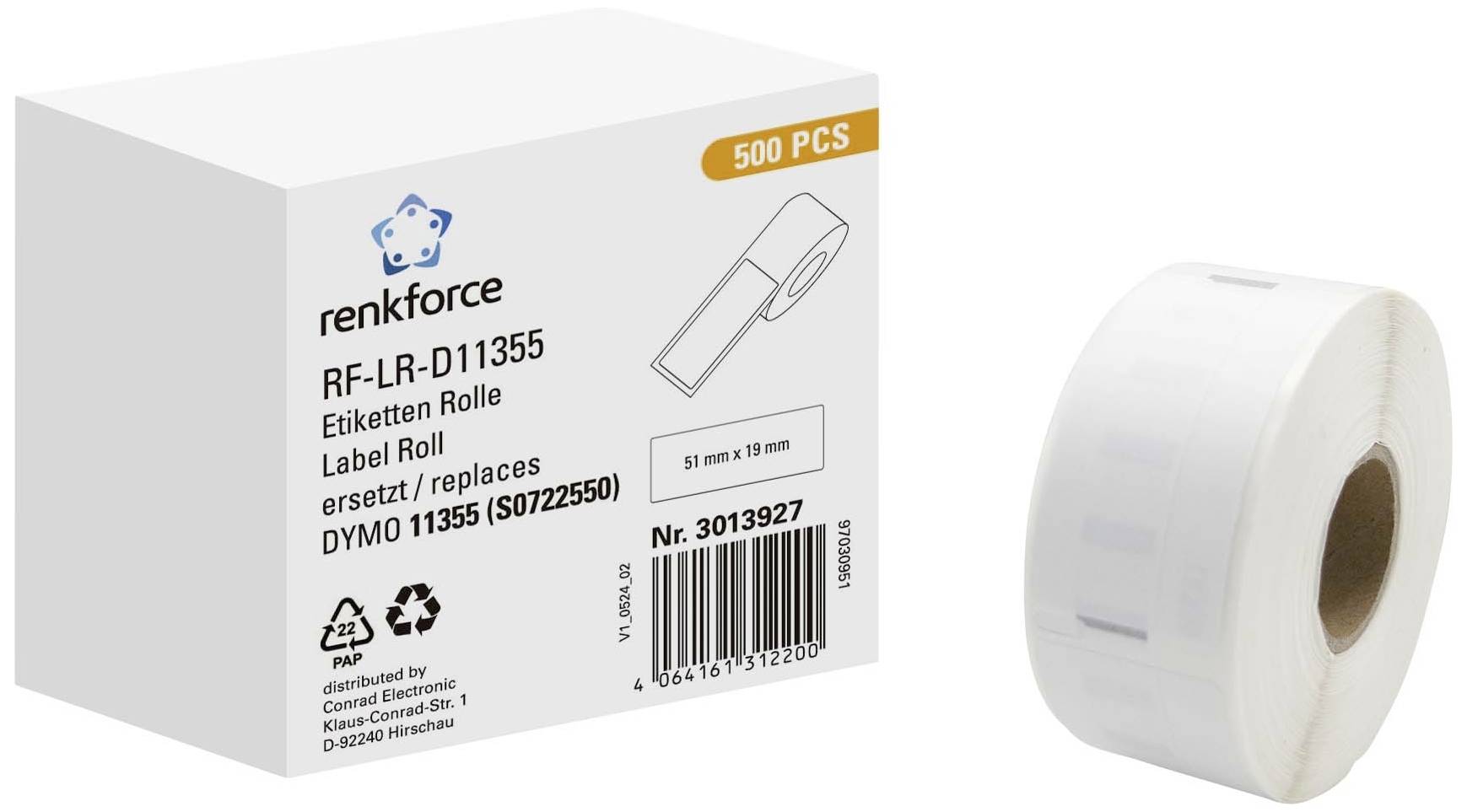 Etikete na rolni od 500 komada marke Renkforce. Kompatibilne s DYMO 11355. Veličina etiketa: 51 mm x 19 mm.
