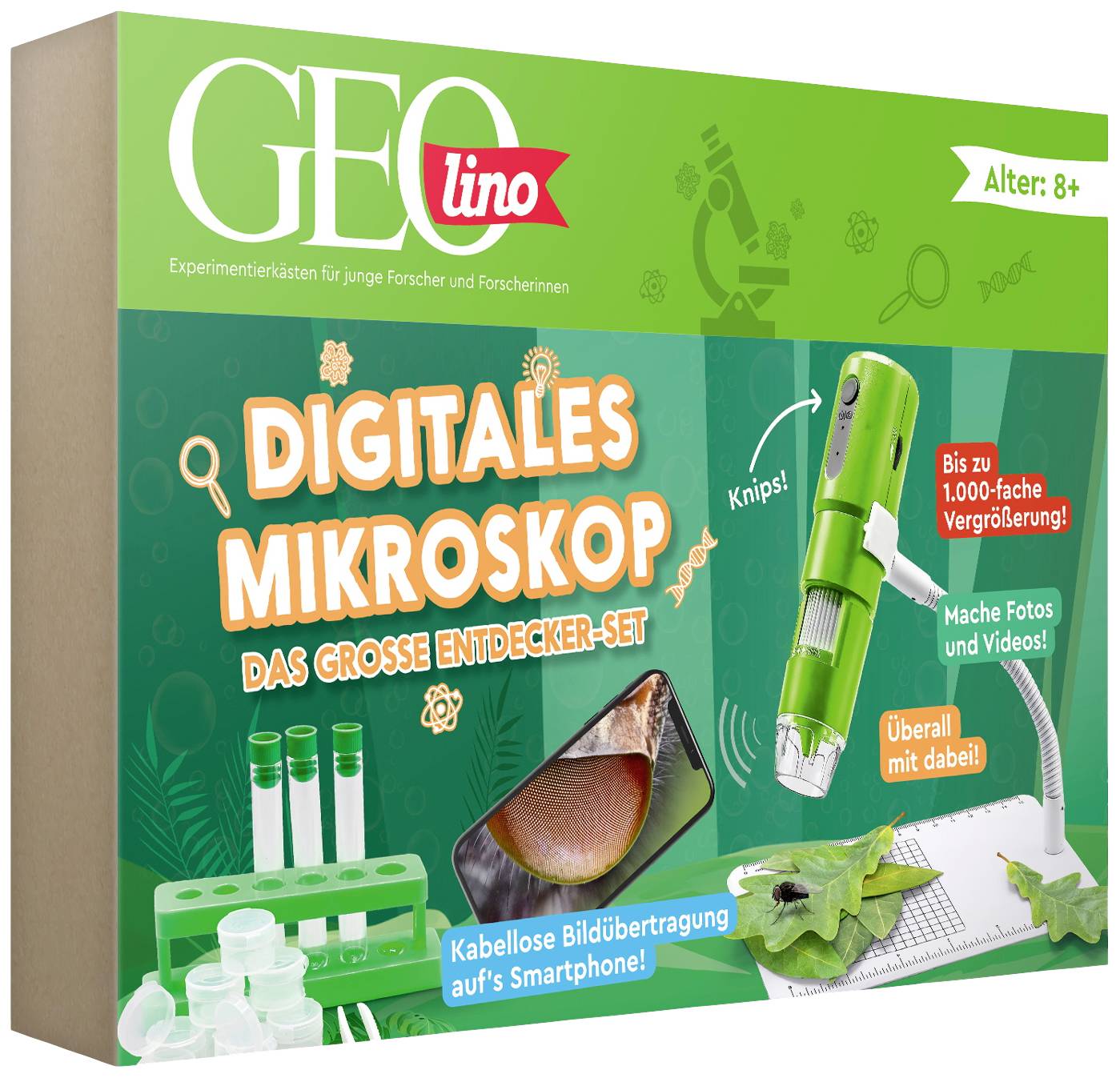 Digitalni mikroskop u kutiji, pogodan za djecu od 8 godina, s priborom za bežično fotografiranje i snimanje videozapisa putem pametnog telefona.