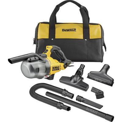Žuti DeWalt ručni set usisavača koji se sastoji od usisavača, različitih nastavaka, crijeva i crne torbe za nošenje s DeWalt logotipom.