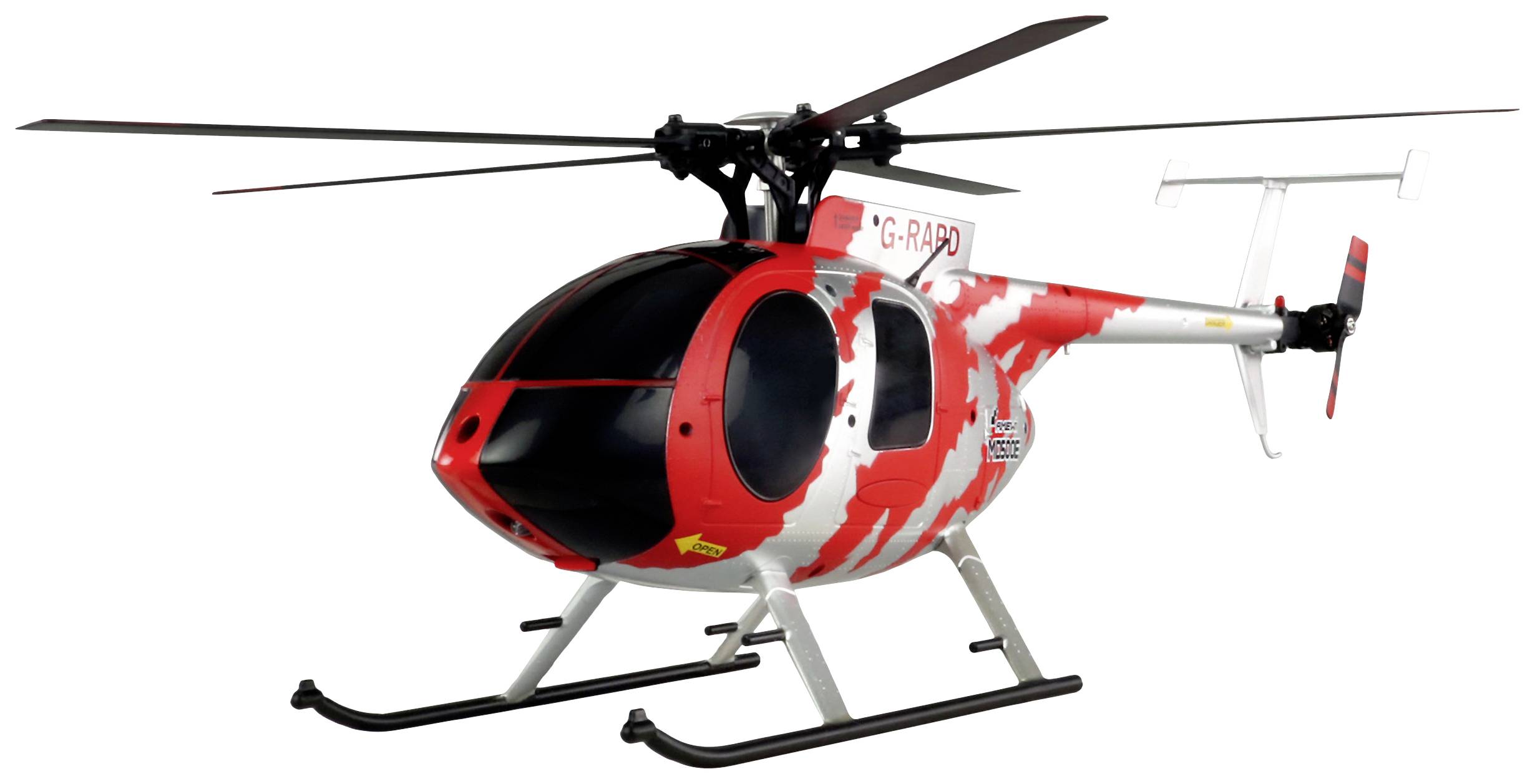 Daljinski upravljani helikopter u živahnim crveno-bijelim bojama s crnim rotorom, pogodan za entuzijaste modelarstva.