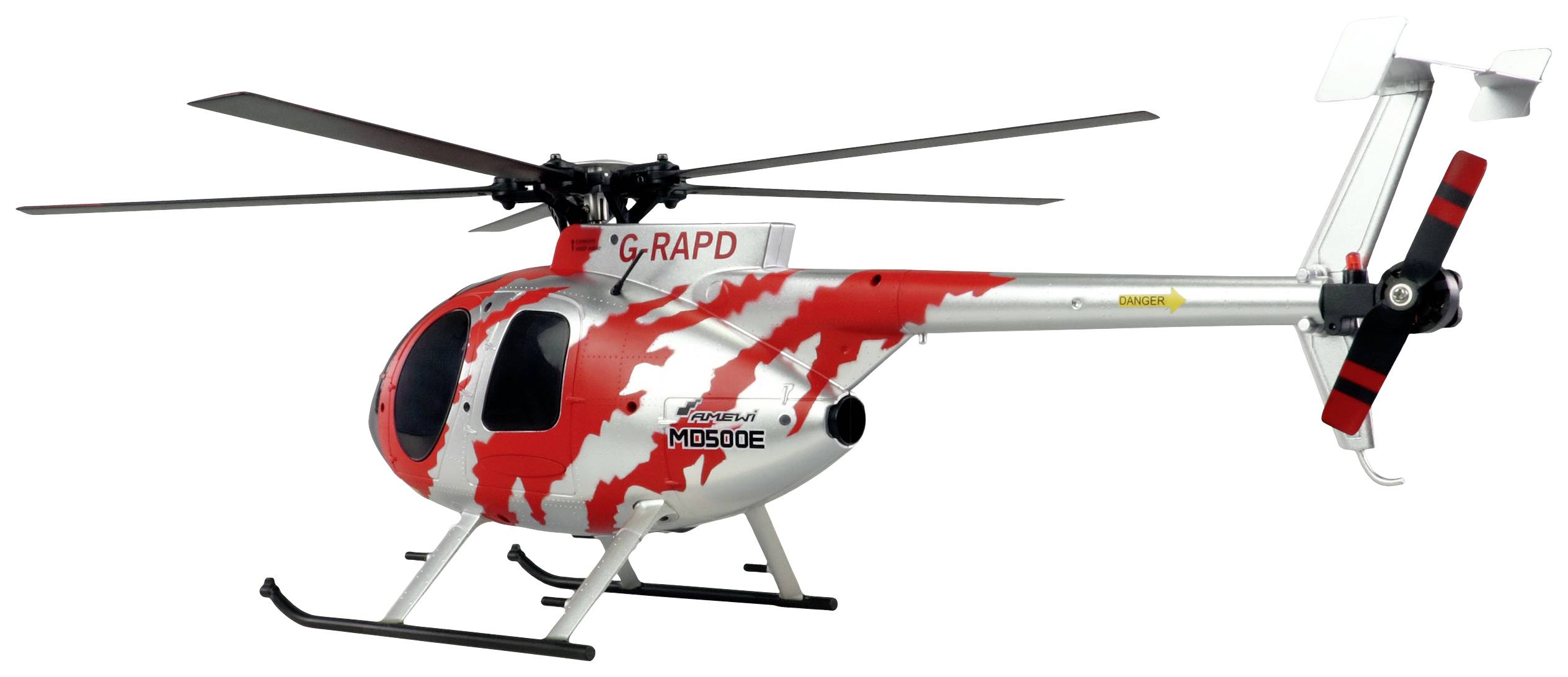 Modelni helikopter u crveno-bijeloj boji, snimljen sa lijeve strane, s natpisom 'G-RAPD' i 'MOSQUITO' na trupu.