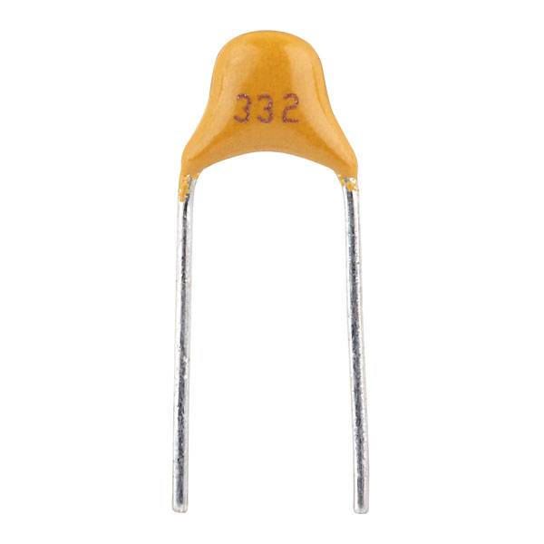 Narančasti keramički kondenzator s natpisom '332'. Ima dva metalna nogača i često se koristi u elektroničkim sklopovima.