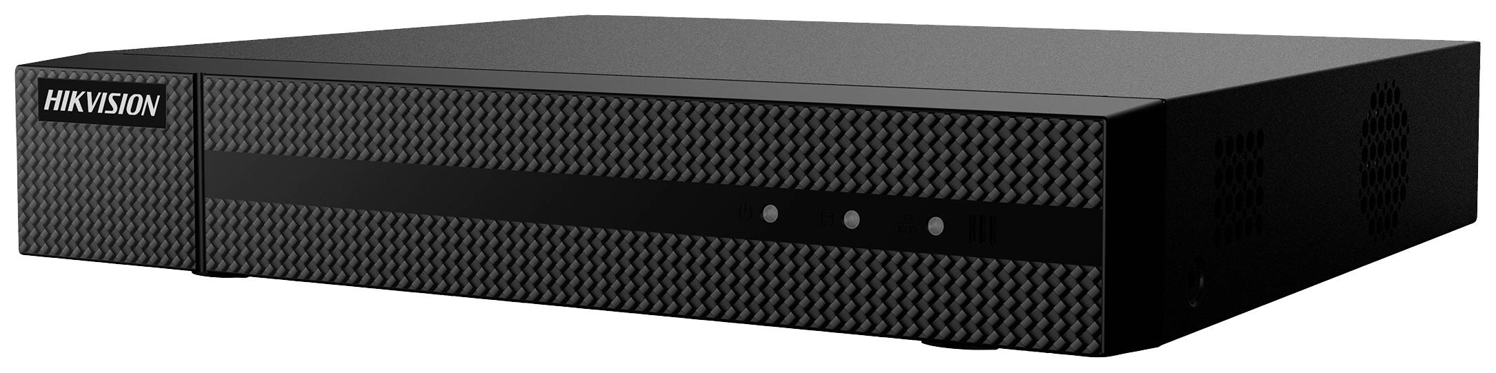 Crni DVR snimač Hikvision jednostavnog dizajna. Na prednjoj strani nalaze se tri male kontrolne lampice.