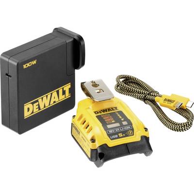 Dewalt set punjača baterija, koji se sastoji od žute 18V litij-ionske baterije, crnog punjača od 100W i USB kabela.