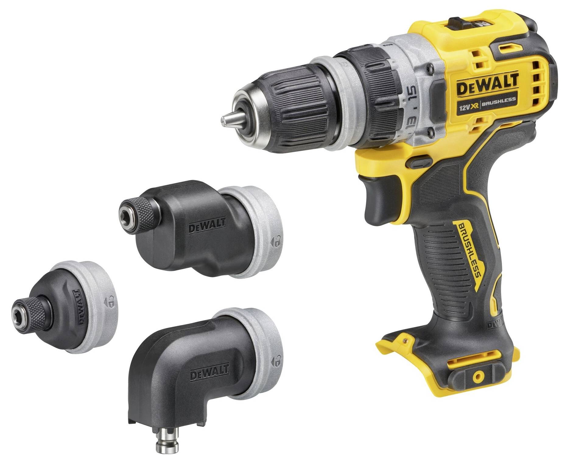 Akumulatorski odvijač s tri nastavka pod različitim kutovima. Odvijač je crno-žute boje i marke DeWalt.