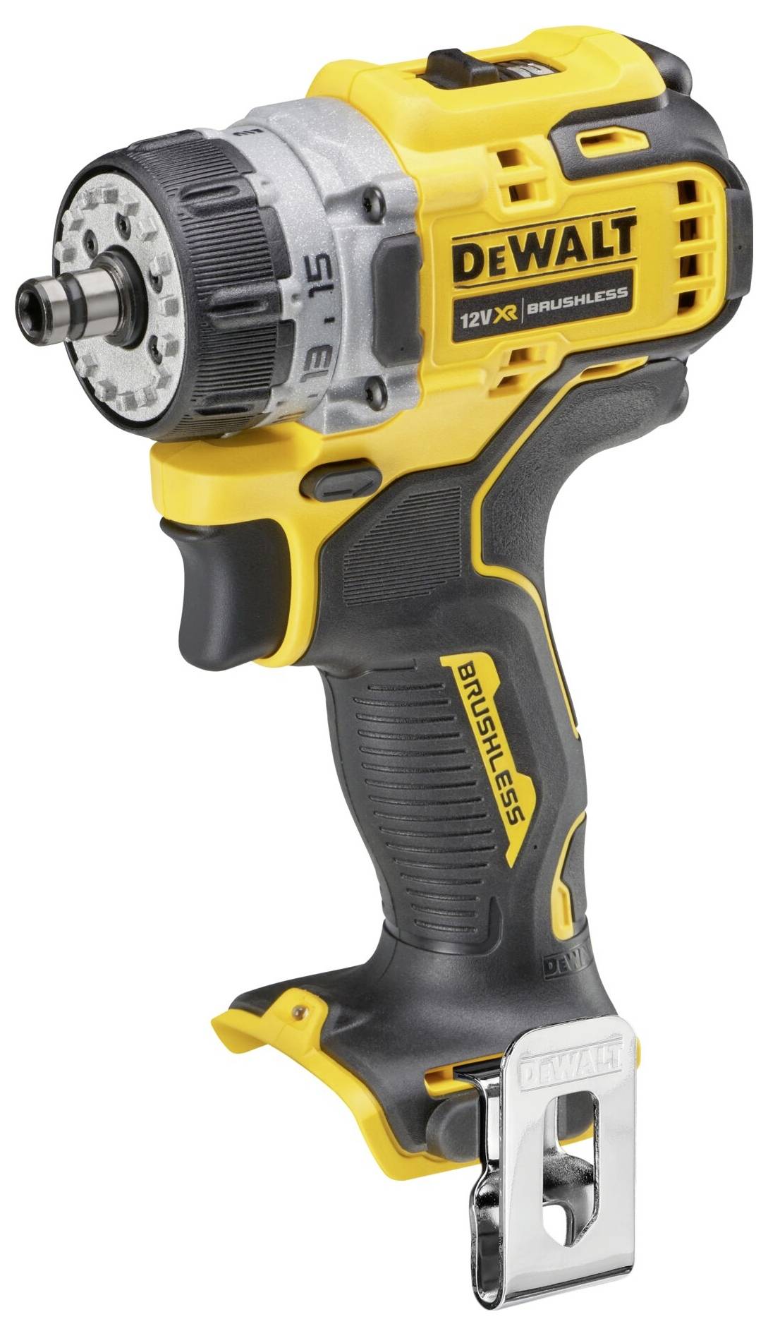 Akumulatorski odvijač u žutoj i crnoj boji, marke Dewalt, kompaktan, bežičan, s brushless motorom i ugrađenom kopčom za pojas.