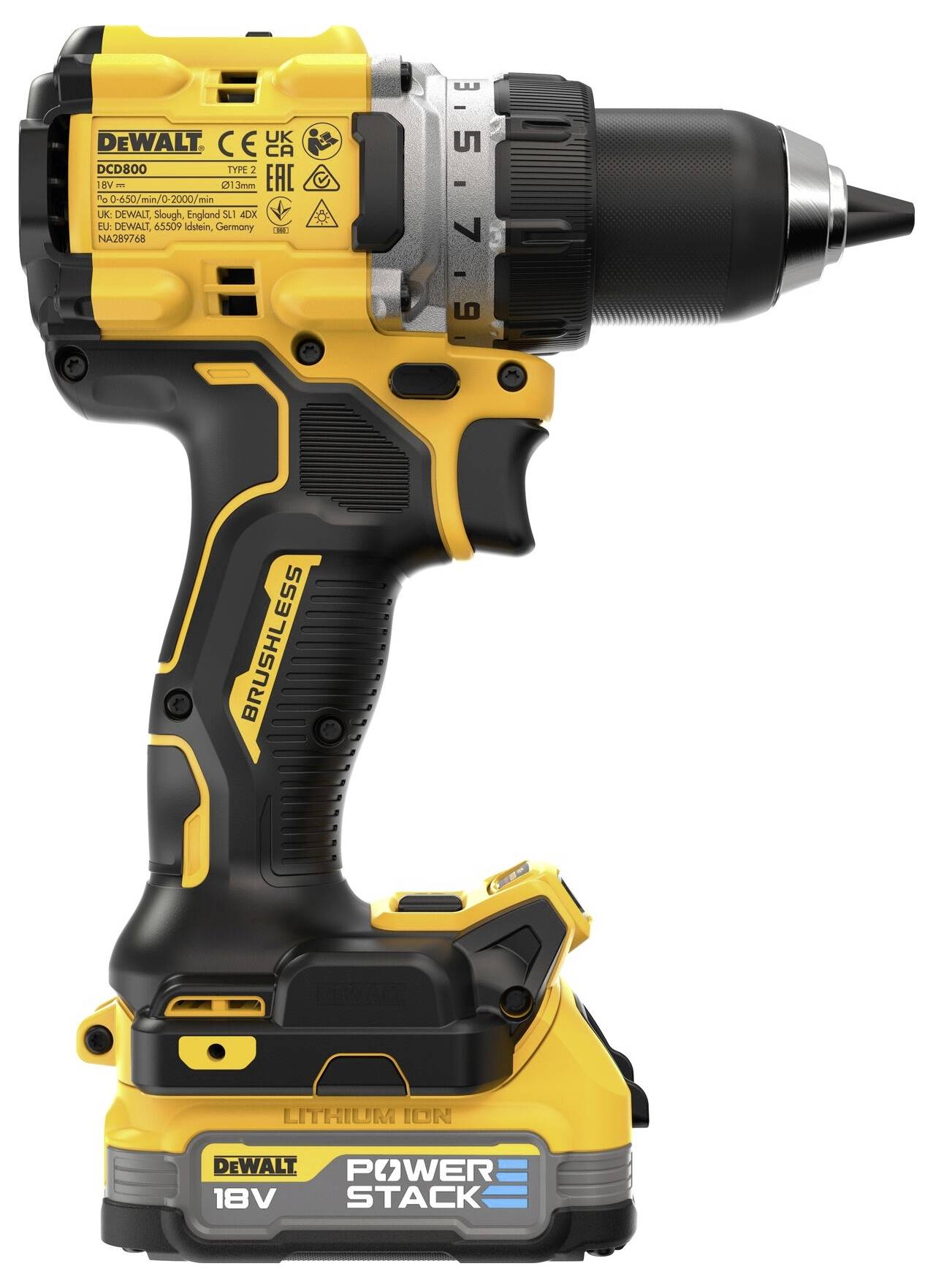 Akumulatorski odvijač-bušilica, žuto-crne boje, s 18V baterijom tvrtke Dewalt, model DCD805. Opremljen je beskontaktnim motorom i postavkama okretnog momenta.