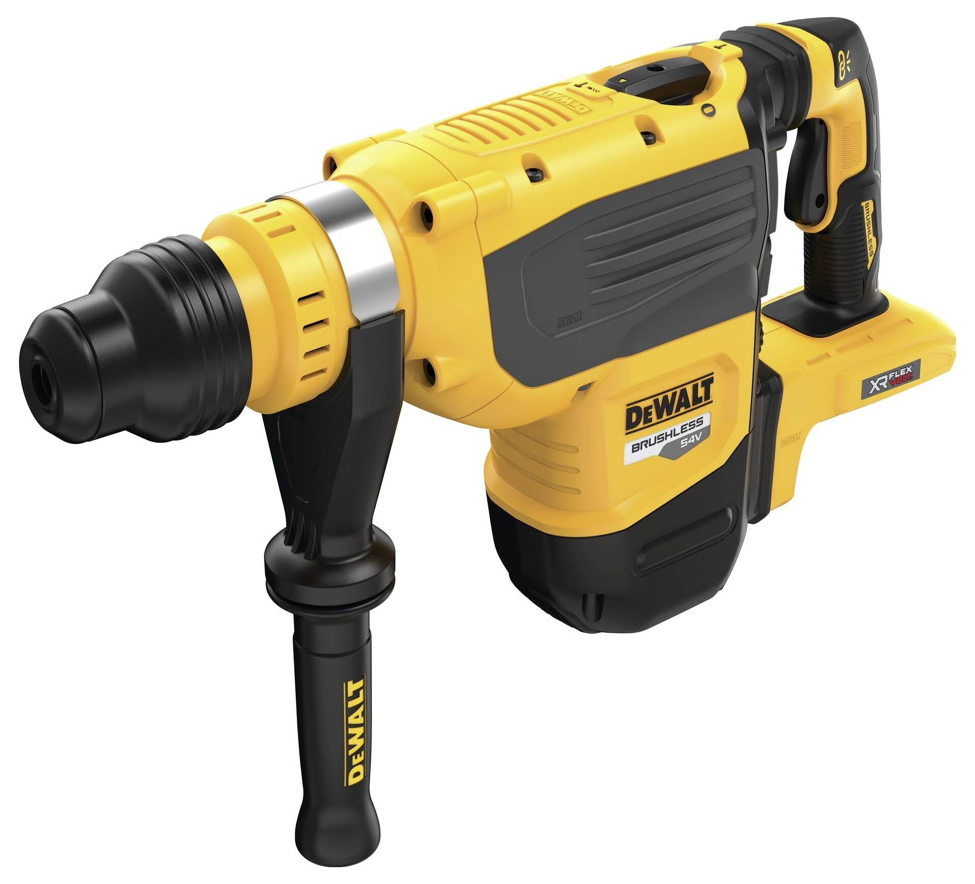 Žuti i crni DeWalt čekić bušač s ručkom, pogodan za građevinske i renovacijske projekte, na bijeloj pozadini.