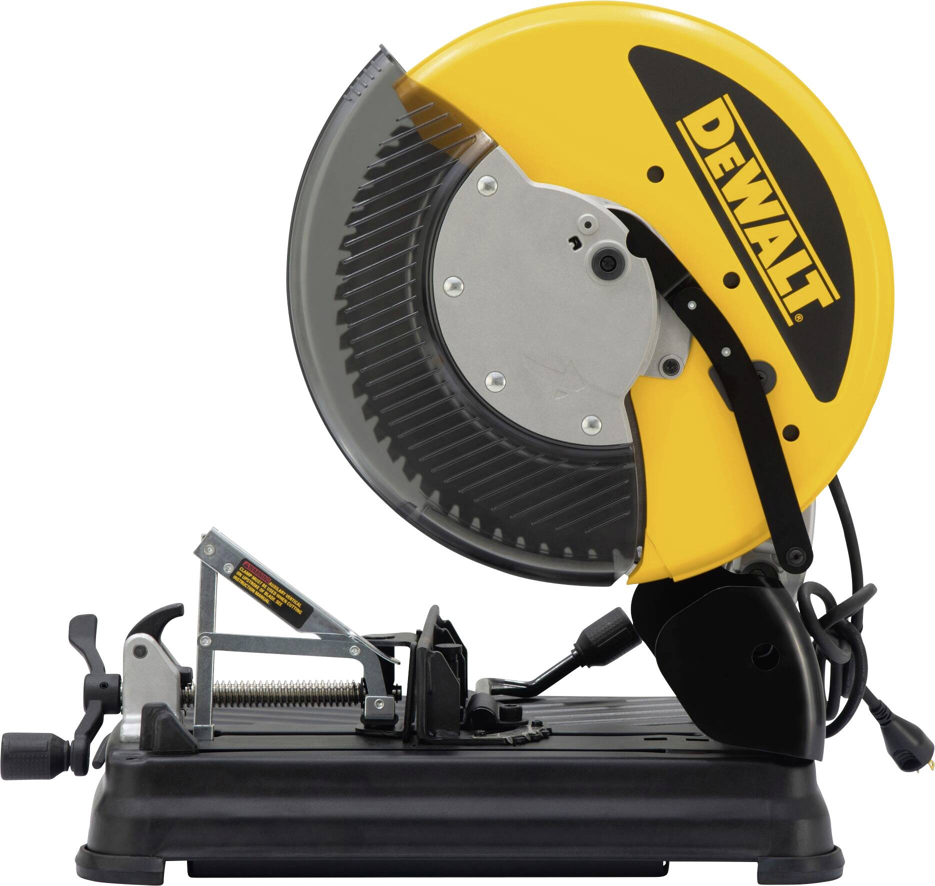 Električna metalna tračna pila s žutim kućištem i crnim stolom. Strukturirana zaštitna poklopica iznad lista pile.