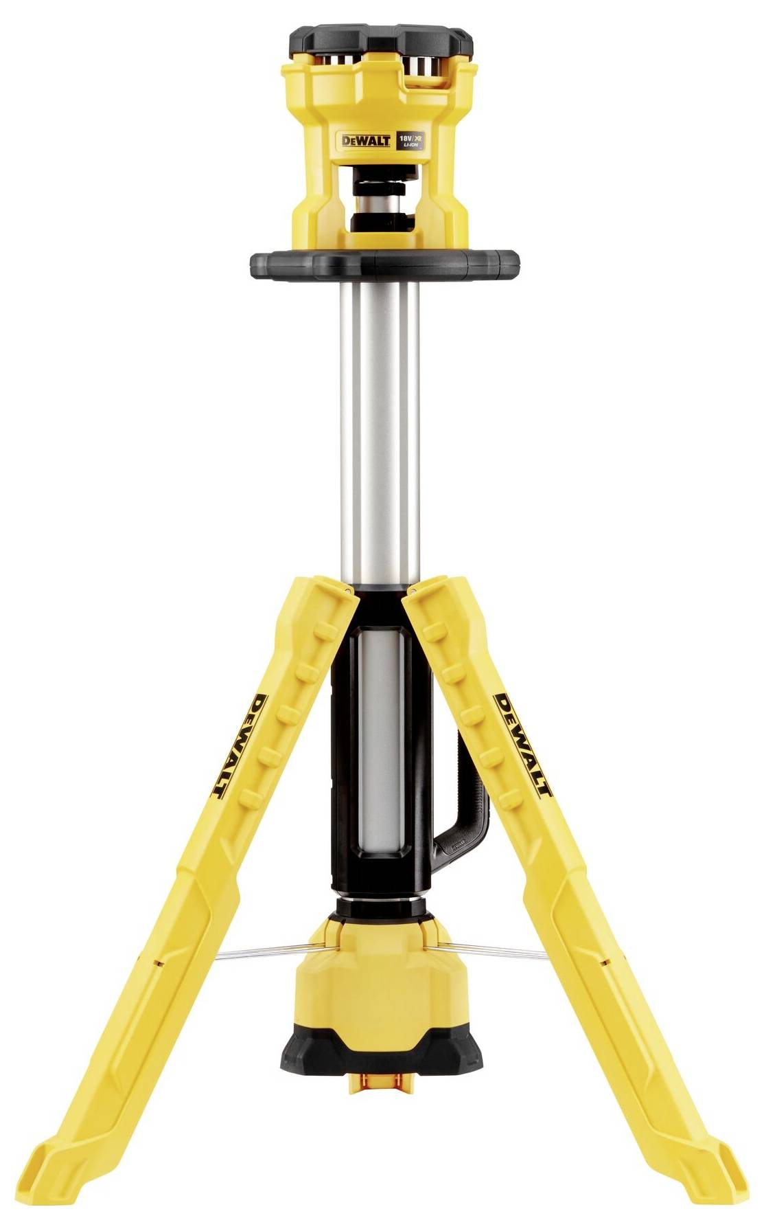 Žuti stativ sa crnom i srebrnom teleskopskom cijevi, vidljiv logotip brenda, stoji na tri stabilne noge za upotrebu alata.