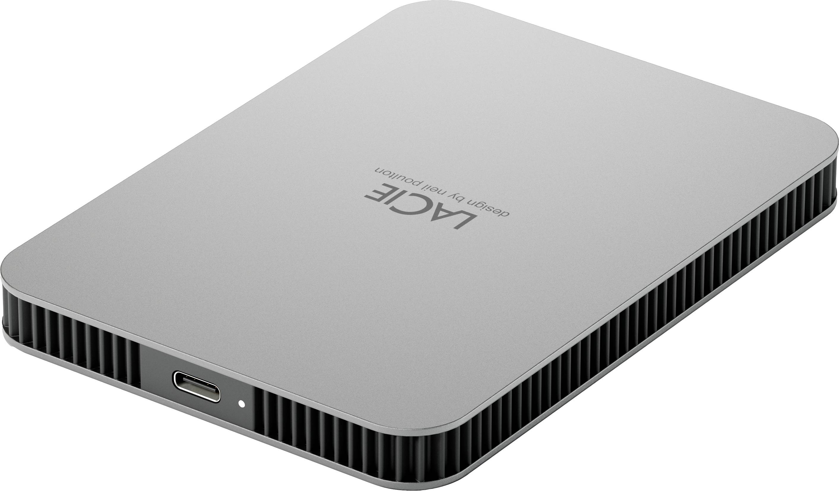 Vanjski tvrdi disk LaCie u srebrnoj boji, pravokutnog oblika, s USB-C priključkom, dizajniran od strane Neila Poultona.