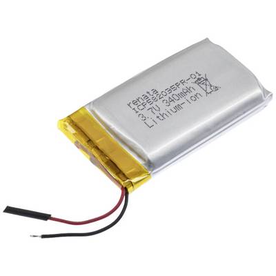 Srebrna litij-ionska baterija s crvenim i crnim priključnim žicama. Tekst na bateriji navodi napon i kapacitet: 3,7V, 300mAh.