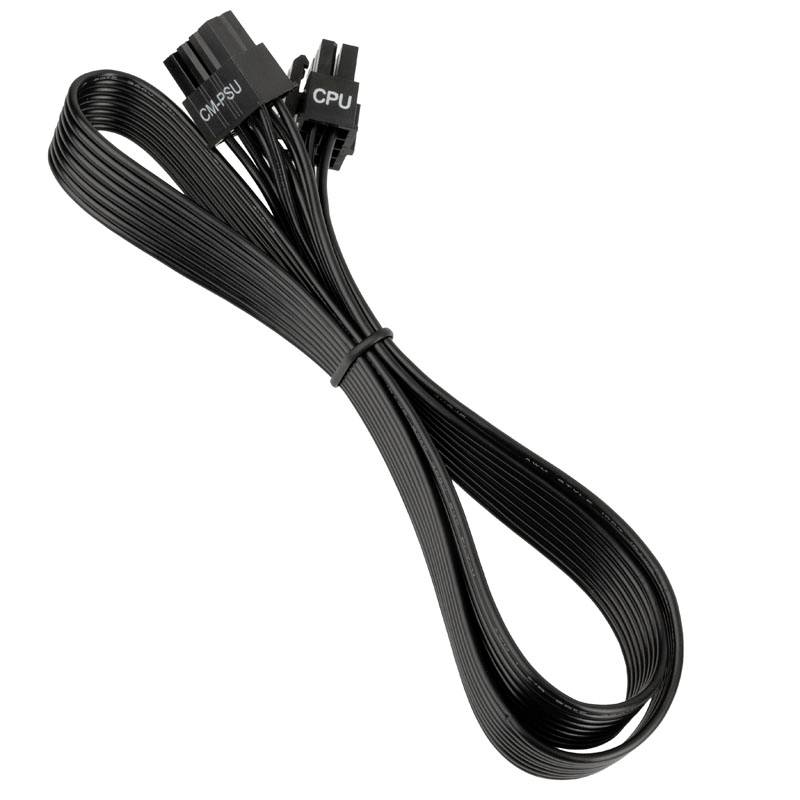 Crni električni kabel s dva priključka, označen natpisima 'CPU' i 'CM-PSU', korišten za spajanje napajanja i računala.