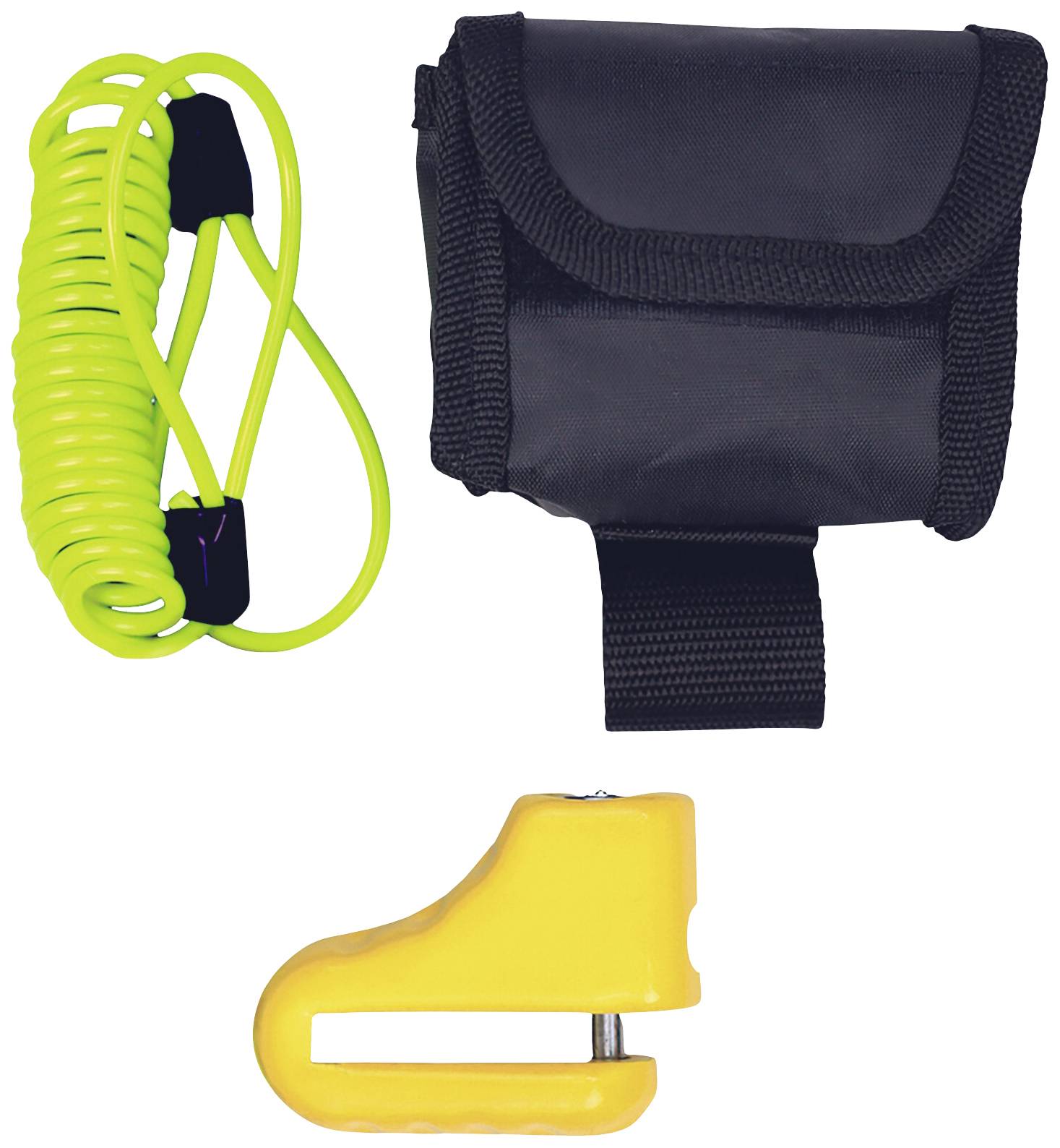 Žuto zaključavanje diska kočnice leži pored crne torbe. Također je vidljiv neonski spiralni kabel.