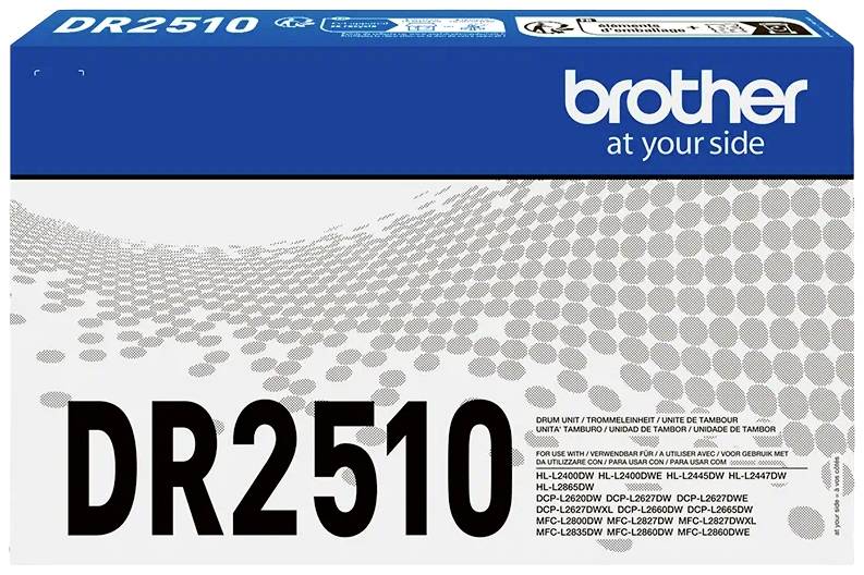 'Bubanj za printer Brother DR2510, kompatibilni modeli: HL-2140, HL-2170W, MFC-7440N, MFC-7840W. Na sivoj pozadinskoj teksturi.'