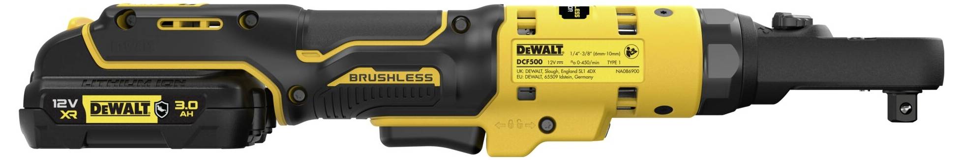 Bežični račvasti ključ u crnoj i žutoj boji s natpisom 'Brushless'. Detalji uređaja vidljivi su na žutom području.