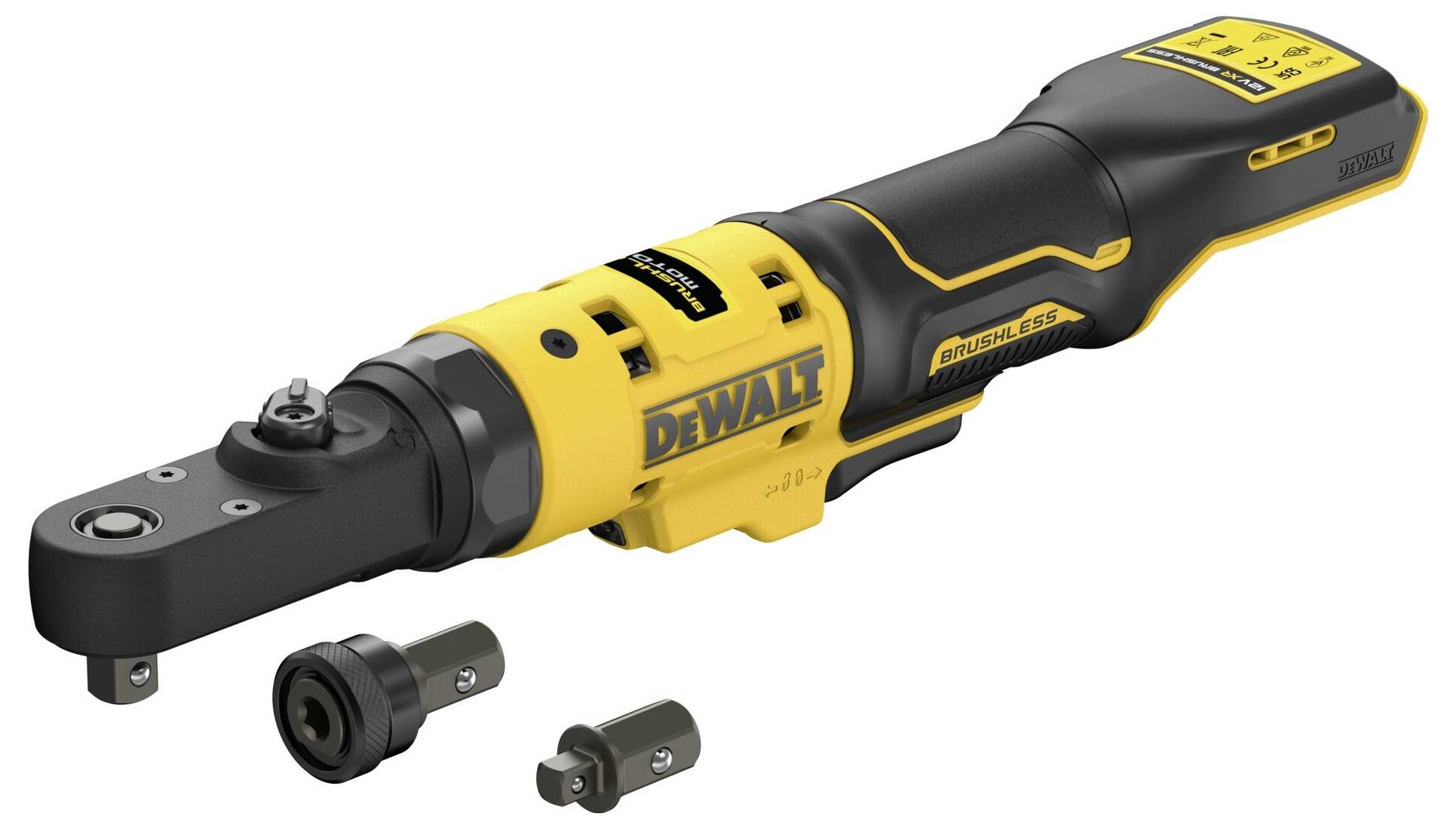 Električni račvasti ključ za vijke DeWalt u crno-žutoj boji. Sadrži dvije izmjenjive nasadne ključeve ispred alata.